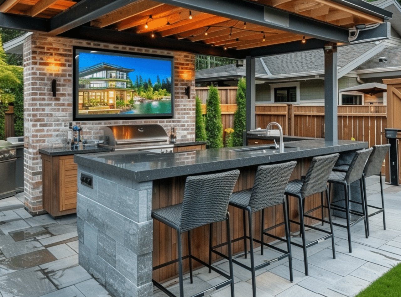 Cozy outdoor kitchen with island and TV