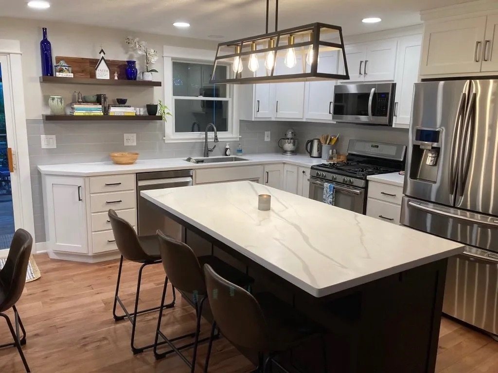 Kitchen remodel in Copley, Ohio with custom solid surface island and countertops