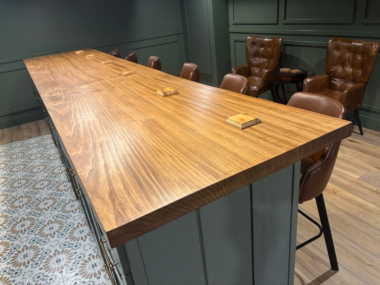 Gorgeous Custom Live Edge Wood Bar in Basement Remodel by Mr.Countertops in Northeast OH | Mr. Countertops