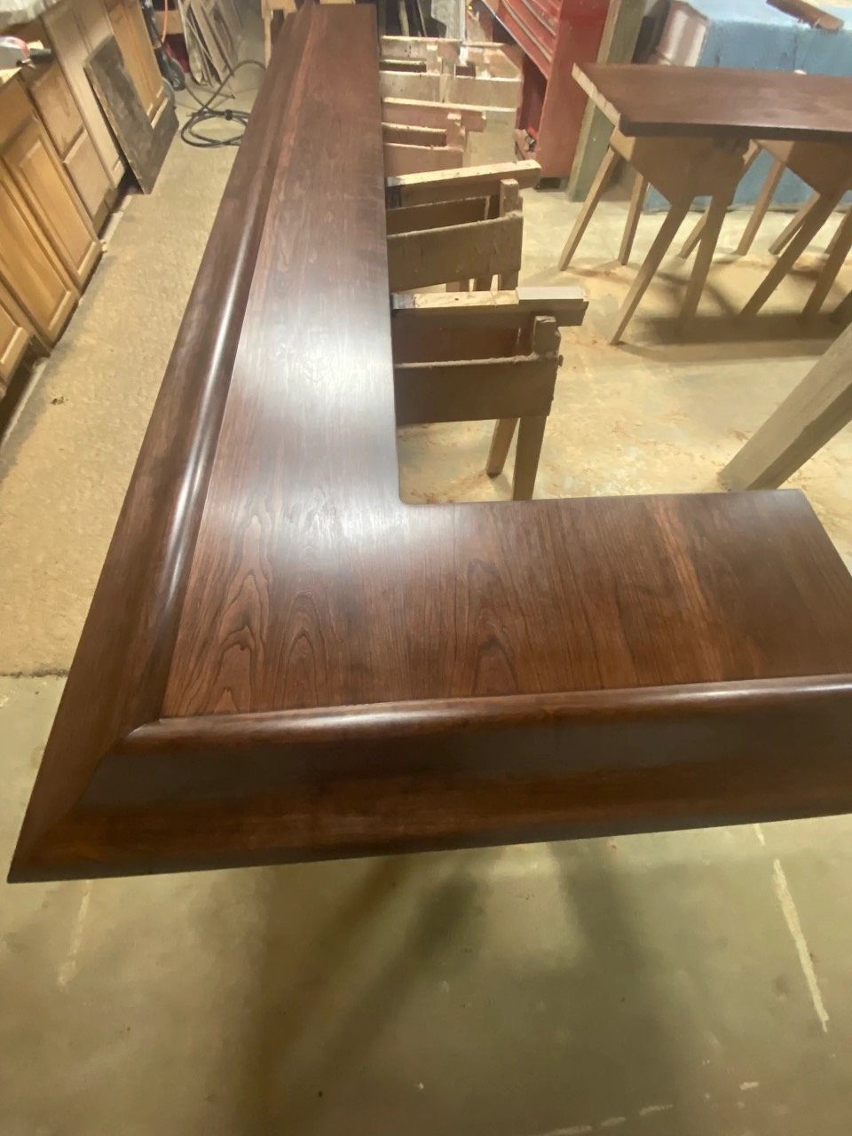 Custom Bar after final coat of stain at Mr.Countertops in Wadsworth, OH Shop