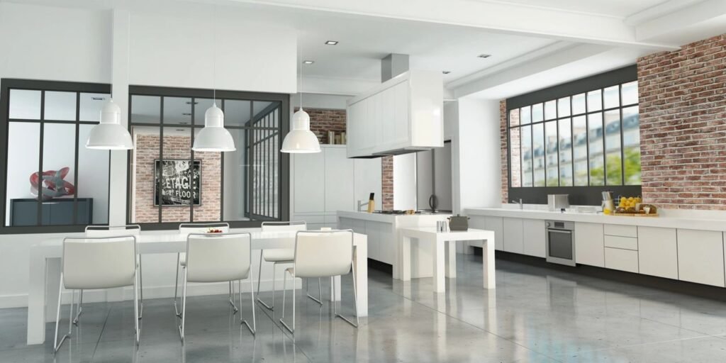 Retro open concept kitchen remodel featuring custom solid surface table, range, countertop and cooktop by Mr.Countertops