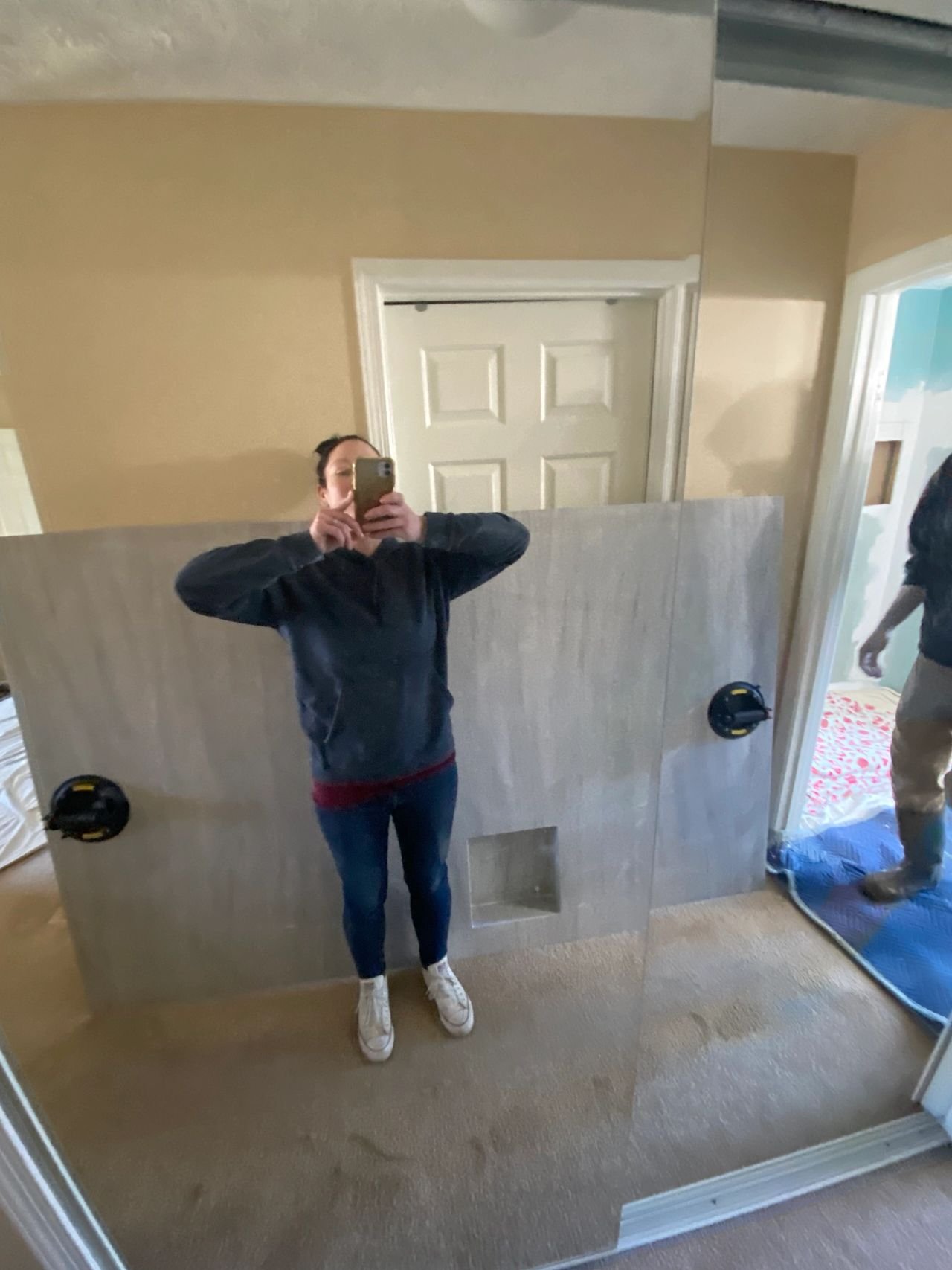 A moment of victory. I took a quick photo to document the accomplishment before we installed the shower panel for good.